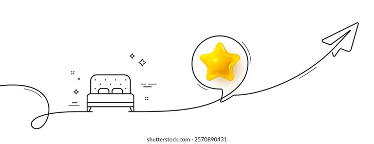 Bed line icon. Continuous line with share plane. Bedroom furniture sign. Hotel double bed symbol. 3d star in speech bubble. Bed single line ribbon. Loop curve pattern. Vector