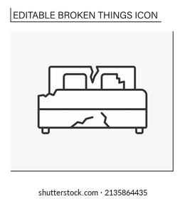 Bed Line Icon. Destroyed Furniture In Bedroom. Smashed Bed. Vandalism, Chaos. Broken Things Concept. Isolated Vector Illustration. Editable Stroke