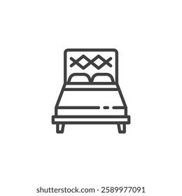 Bed line icon. linear style sign for mobile concept and web design. A bed with a headboard and pillows outline vector icon. Sleep and rest symbol, logo illustration. Vector graphics