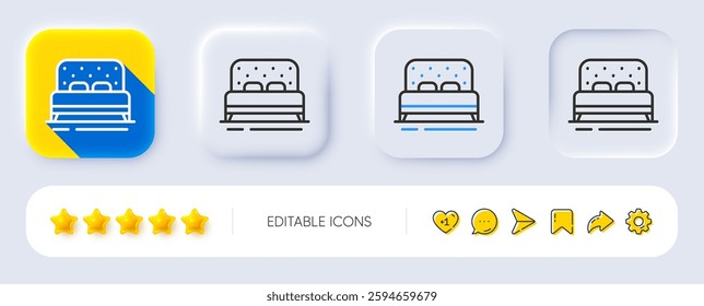 Bed line icon. Neumorphic, Flat shadow, 3d buttons. Bedroom furniture sign. Hotel double bed symbol. Line bed icon. Social media icons. Vector