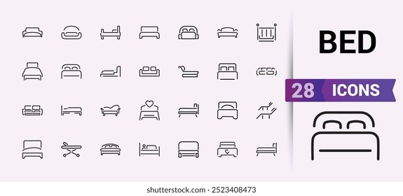 Conjunto de iconos de línea de cama. Icono de la línea del dormitorio que contiene la cama, dormitorio, sueño, hora de dormir, muebles, ropa de cama. Trazo editable. Ilustración vectorial. 