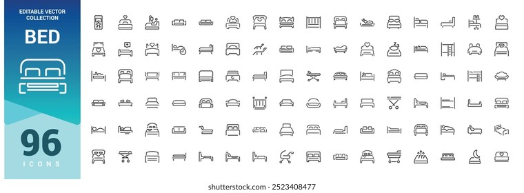 Bed line icon set. Bedroom line icon containing bed, bedroom, sleep, bedtime, furniture, linen. Editable stroke. Vector illustration. 