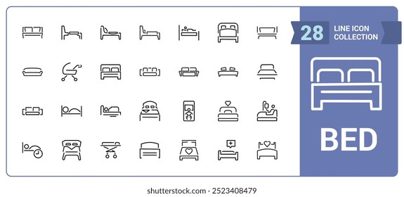 Bed line icon set. Bedroom line icon containing bed, bedroom, sleep, bedtime, furniture, linen. Editable stroke. Vector illustration. 