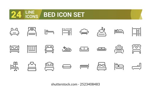 Bed line icon set. Bedroom line icon containing bed, bedroom, sleep, bedtime, furniture, linen. Editable stroke. Vector illustration. 