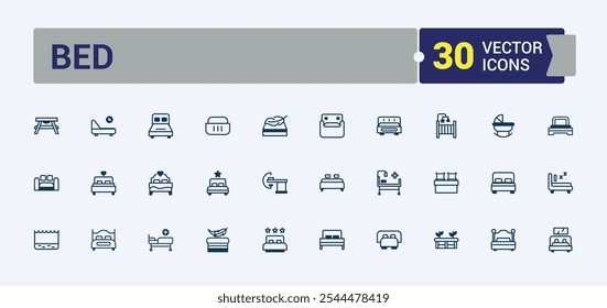 Bed line icons set. Includes thin line medical, silhouette, hotel, double, interior, furniture, room and more. Vector illustration in modern line style.