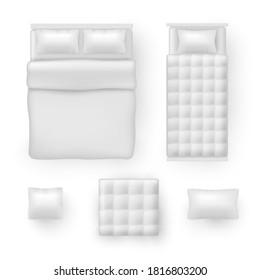 Bed linen, bedding sheets, realistic mockups set. Pillow, blanket, duvet cover, pillowcase white blank templates. Vector bedclothes isolated collection illustration.