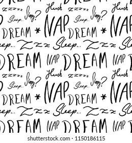 Bed linen design pattern. Sleepy doodle - sleep time vector texture with handwritten words.