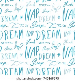 Bed linen design pattern. Sleepy doodle - sleep time vector texture with handwritten words.