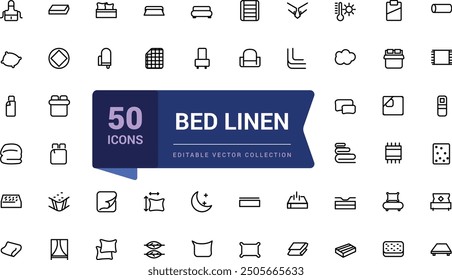 Conjunto de iconos de línea mínima plana de ropa de cama. Cojín, manta, sábanas, almohada, colchón, Ilustraciones vectoriales. Ilustración vectorial de trazo editable simple.