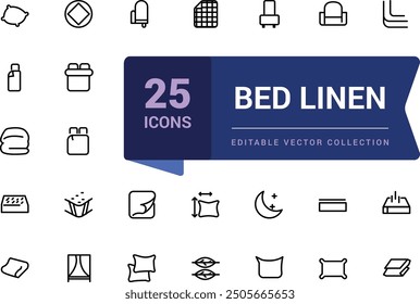 Conjunto de iconos de línea mínima plana de ropa de cama. Cojín, manta, sábanas, almohada, colchón, Ilustraciones vectoriales. Ilustración vectorial de trazo editable simple.