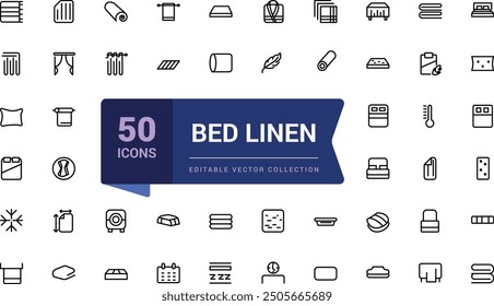 Conjunto de iconos de línea mínima plana de ropa de cama. Cojín, manta, sábanas, almohada, colchón, Ilustraciones vectoriales. Ilustración vectorial de trazo editable simple.