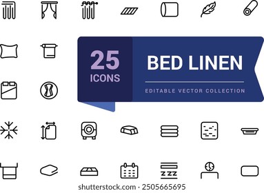 Conjunto de iconos de línea mínima plana de ropa de cama. Cojín, manta, sábanas, almohada, colchón, Ilustraciones vectoriales. Ilustración vectorial de trazo editable simple.