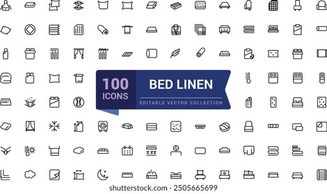 Conjunto de iconos de línea mínima plana de ropa de cama. Cojín, manta, sábanas, almohada, colchón, Ilustraciones vectoriales. Ilustración vectorial de trazo editable simple.