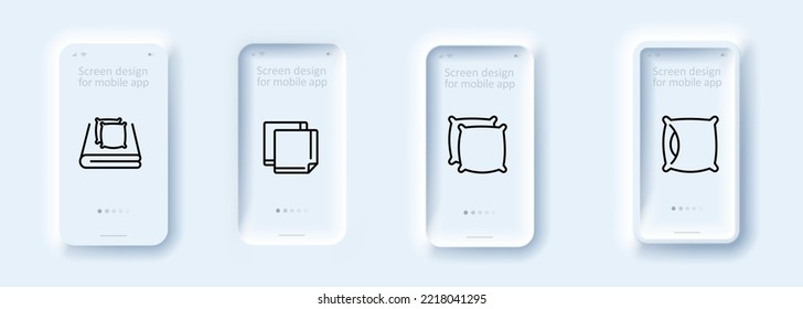 Set für Bettwäsche-Symbole. Pad, Kissen, Handtuch, Decken, Hygiene, Sauberkeit, Taschentuch, Baumwolle. Hygienekonzept. Neomorphismus-Stil. Vektorsymbol für Unternehmen.