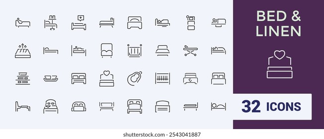Conjunto de iconos de línea de ropa de cama. Incluye iconos para la hoja, suave, hogar, edredón, cama y más. Minimalista delgada colección de iconos lineales. 