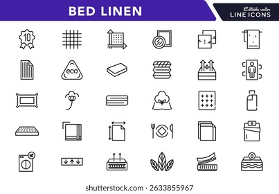 Bed linen linear icon set. Textile, comfort, sleep, bedroom, bedclothes, cotton, pillows, duvet cover,  cleaning, bedding sheet, sheet, soft, home, duvet, outline icon collection. UI thin vector icon