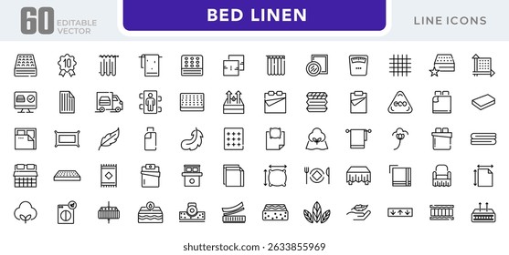 Bed linen linear icon set. Textile, comfort, sleep, bedroom, bedclothes, cotton, pillows, duvet cover,  cleaning, bedding sheet, sheet, soft, home, duvet, outline icon collection. UI thin vector icon