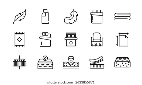 Bed linen linear icon set. Textile, comfort, sleep, bedroom, bedclothes, cotton, pillows, duvet cover,  cleaning, bedding sheet, sheet, soft, home, duvet, outline icon collection. UI thin vector icon