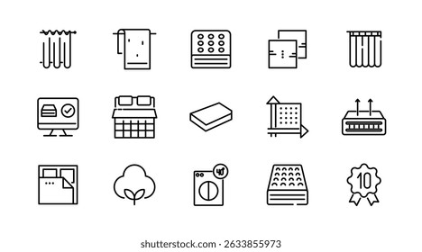 Bed linen linear icon set. Textile, comfort, sleep, bedroom, bedclothes, cotton, pillows, duvet cover,  cleaning, bedding sheet, sheet, soft, home, duvet, outline icon collection. UI thin vector icon