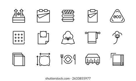 Bed linen linear icon set. Textile, comfort, sleep, bedroom, bedclothes, cotton, pillows, duvet cover,  cleaning, bedding sheet, sheet, soft, home, duvet, outline icon collection. UI thin vector icon