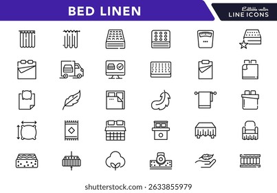 Bed linen linear icon set. Textile, comfort, sleep, bedroom, bedclothes, cotton, pillows, duvet cover,  cleaning, bedding sheet, sheet, soft, home, duvet, outline icon collection. UI thin vector icon