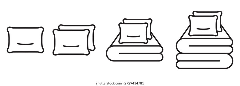 Conjunto de iconos lineales de ropa de cama aislados sobre un fondo transparente, con almohadas y una manta. Símbolos de trazo editables adecuados para proyectos de hogar, dormitorio, hotel e interiorismo.