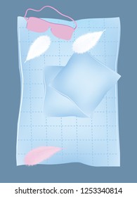 Bed linen - pillow, sleep mask, realistic bird feather - vector