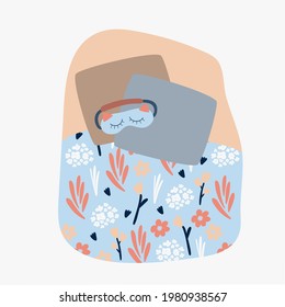 Bed linen, pillows, blanket, sleep mask, night, rest.  Comfortable cushion for relaxation and sleeping. Cartoon style. Concept, minimalism, vector illustration 