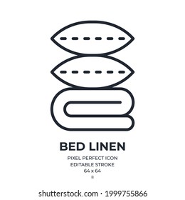 Bed linen set with duvet and pillows editable stroke outline icon isolated on white background flat vector illustration. Pixel perfect. 64 x 64.