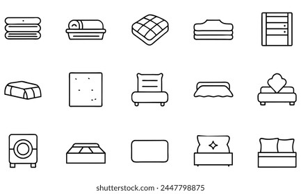 Bettwäsche-Set mit Kissen Bett editierbare Strich-Umriss-Icons-Set auf weißem Hintergrund flache Vektorillustration. Pixel perfekt. 64 x 64.