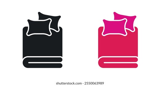 Bed linen set with pillows icon set in black and colored version