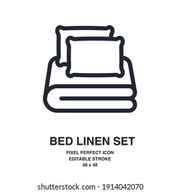 Bed linen set with pillows, bed sheet and duvet cover isolated on white background outline icon. Editable stroke. 48 x 48.