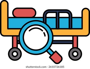 A bed with a magnifying glass on it. The bed is blue and yellow