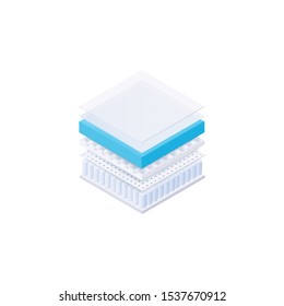 Bed mattress inside layers - square cut of materials for comfortable bed sleep. Memory foam, cotton fabric, breathable surface - furniture fillings isolated on white background, vector illustration