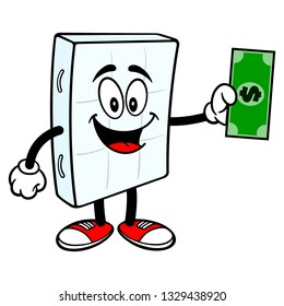 Bed Mattress Mascot with a Dollar - A vector cartoon illustration of a bedroom mattress mascot holding a Dollar.