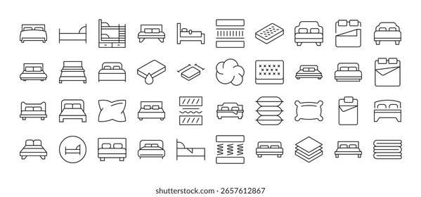 Cama y colchón Pack de iconos delgados. Trazo Editable. Perfecto para Sitios web, libros, tarjetas, App