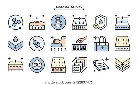 Conjunto de iconos de Vector de cama y colchón. Aislado sobre fondo blanco. Trazo editable. Los símbolos de espuma de memoria muestran diferentes tipos de colchones.