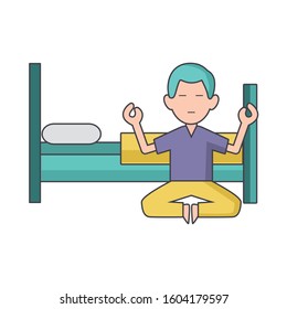 bed and meditating man icon over white background, colorful design, vector illustration