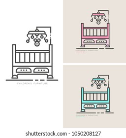 Bed and mobile for the baby. A linear, flat emblem. Elements for kids. Concept.