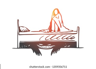 Bed, monster, child, horror, scary concept. Hand drawn scared baby sitting on the bed, afraid of the monster concept sketch. Isolated vector illustration.