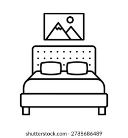 Bed with mountain artwork wall decor linear icon furniture interior painting