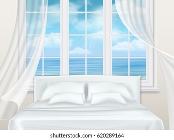 Bed near window with a view of the seascape. Bedroom in the apartment building or hotel room.