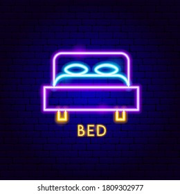 Etiqueta de Neón de la cama. Ilustración vectorial de la promoción del mobiliario.