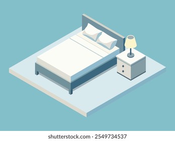 Bed And Night Lamp Above Table With Isometric Design Style