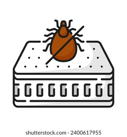 Colchón de memoria ortopédica de cama con signo cruzado de insecto de ácaro, signo de desinfección de parásitos. Alergia vectorial sobre plagas, protección contra ácaros