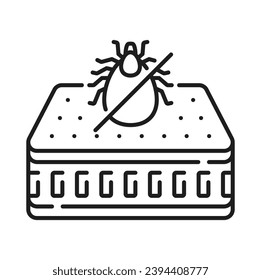 Colchón de memoria ortopédica de cama con desinfección por plagas de alergia parásita, icono de contorno aislado de ácaros cruzado. Colchón vectorial con error de ácaro