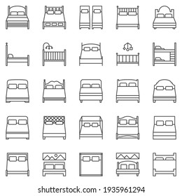 Juego de iconos de contorno de cama - símbolos de concepto de doble y simple vector. Señales de línea de coste