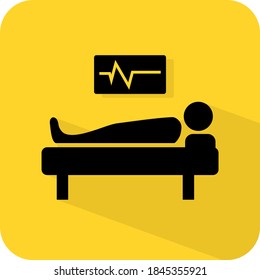 Bed patient hospital. Critical medical care sign. Hart beat monitor. Flat 3D shadow design. yellow background black vector. product brand service label banner board display. App icon.