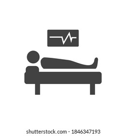 Bed patient hospital. Critical medical care sign. Hart beat monitor. Flat minimalist design. Black white. product brand service label banner board display. App icon.