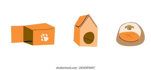 A bed for a pet, dog, house, pet carrier, small dog kennel. Vector illustration. Objects isolated on white background, cartoon style